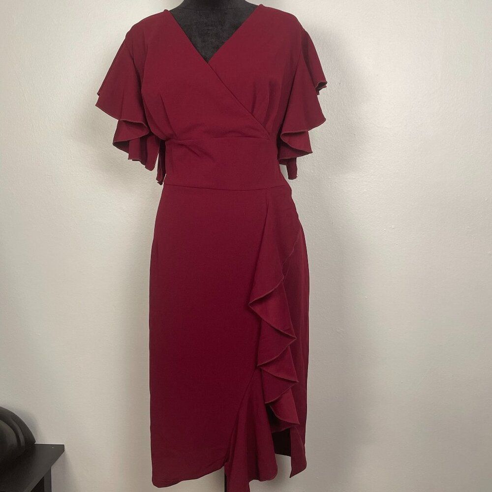 Burgundy Ruffle Sleeve Pencil Dress with Side Slit